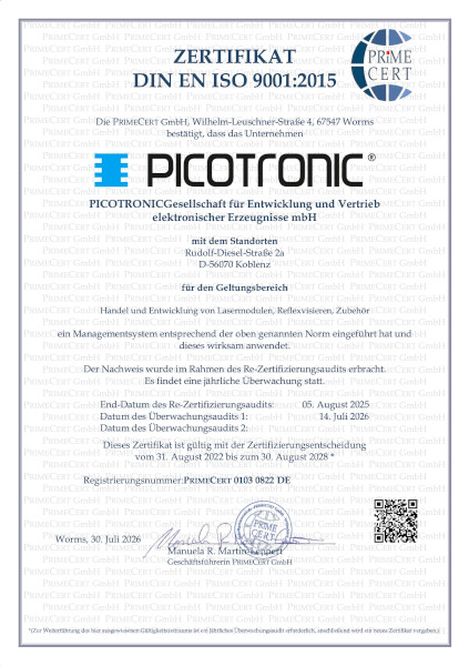 Picotronic certificates DIN EN ISO 9001:2015